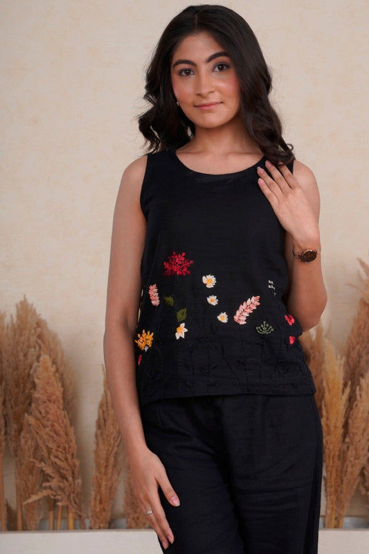 Hand Embroidered Black  Linen Co-ord