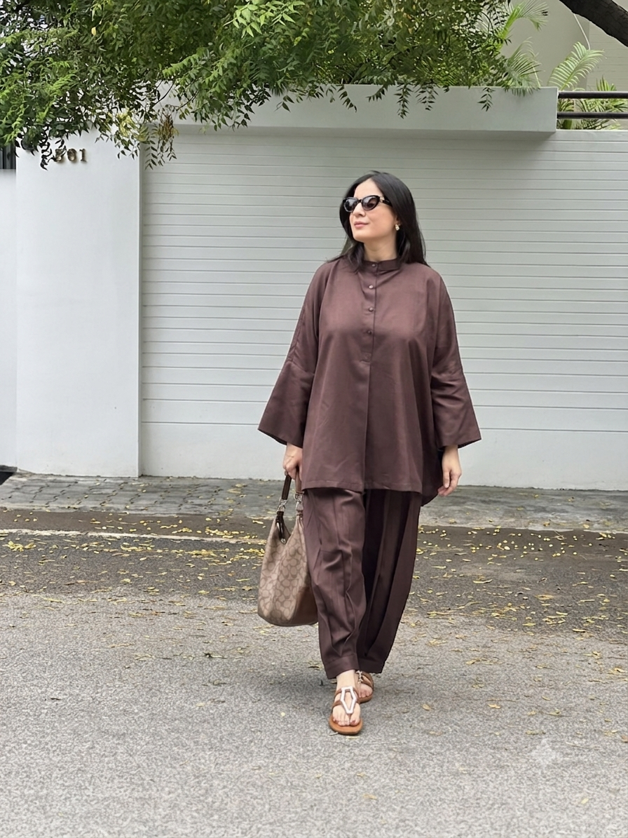 Cotton Tunic with Box  Pleated Pants