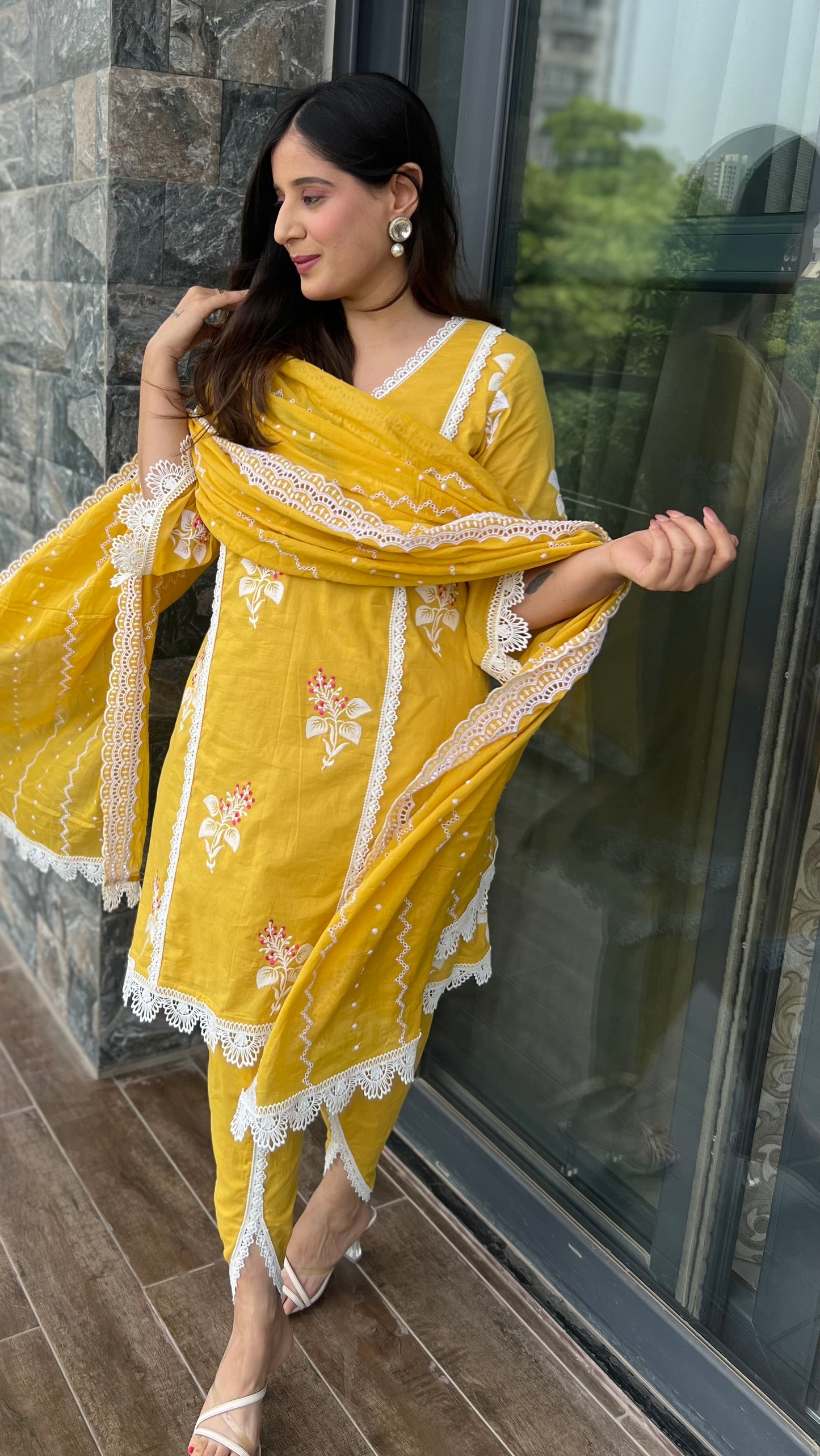 Yellow Embroidered Cotton Suit