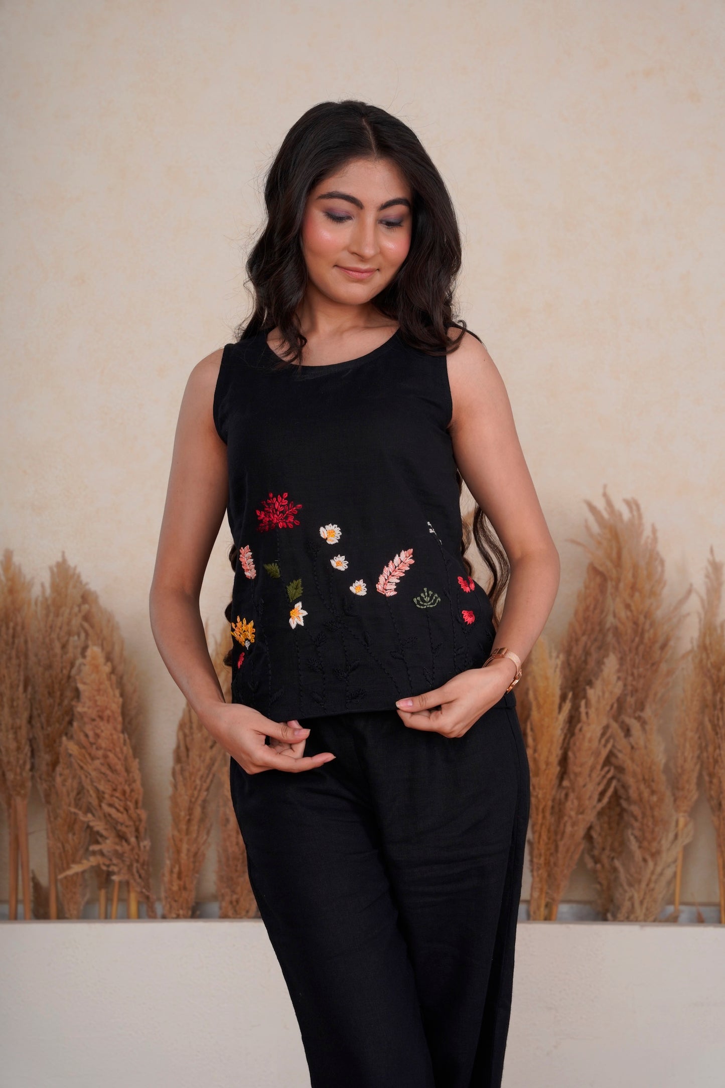 Hand Embroidered Black  Linen Co-ord