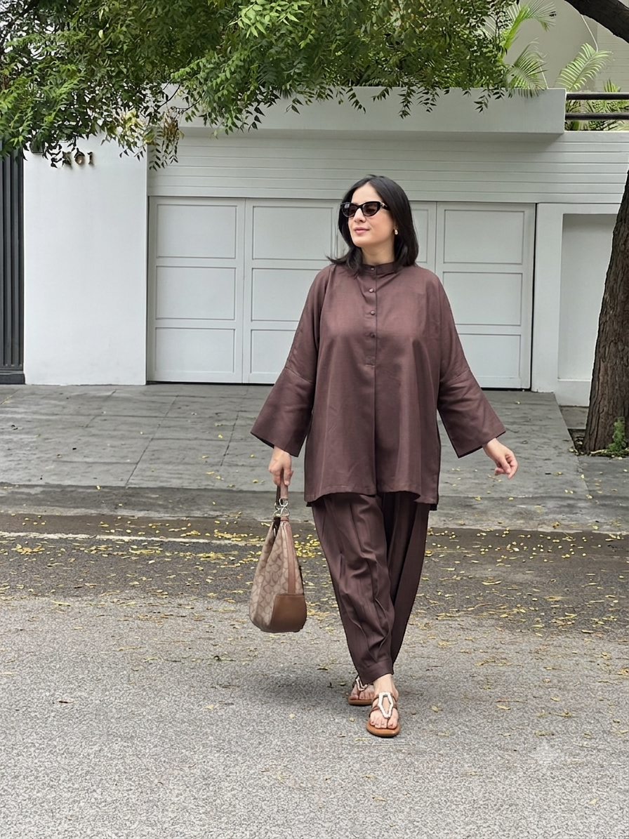 Cotton Tunic with Box  Pleated Pants