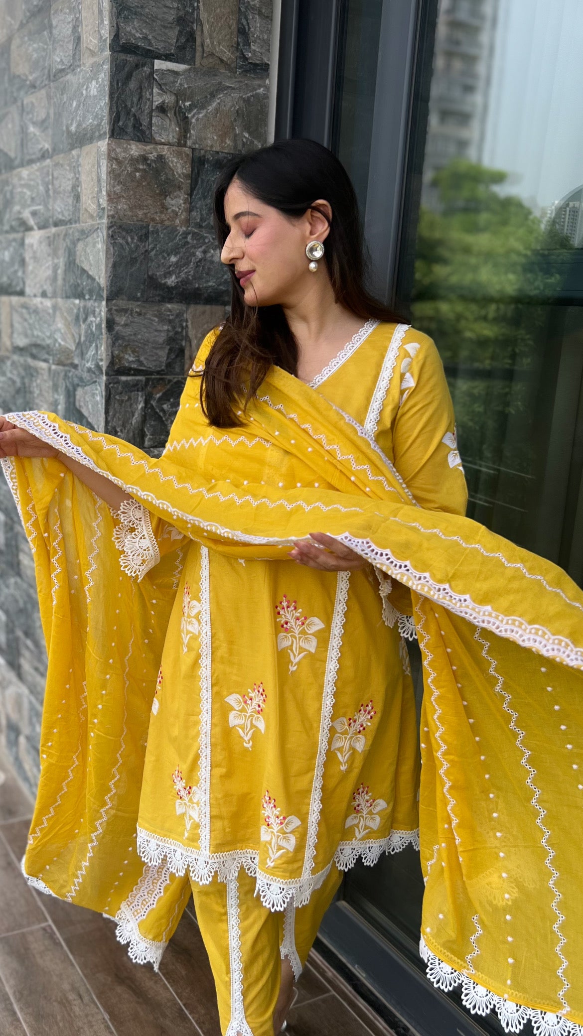 Yellow Embroidered Cotton Suit