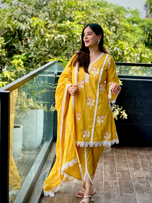 Yellow Embroidered Cotton Suit
