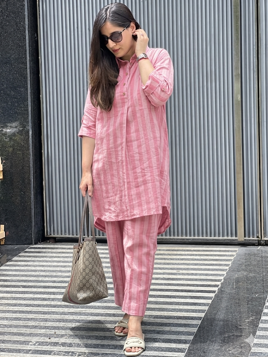 Pink Handloom Cotton Khadi Co-ord