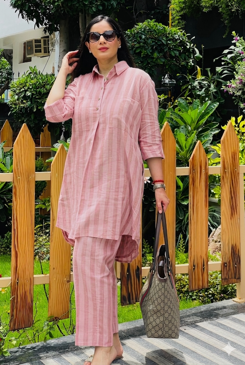 Pink Handloom Cotton Khadi Co-ord