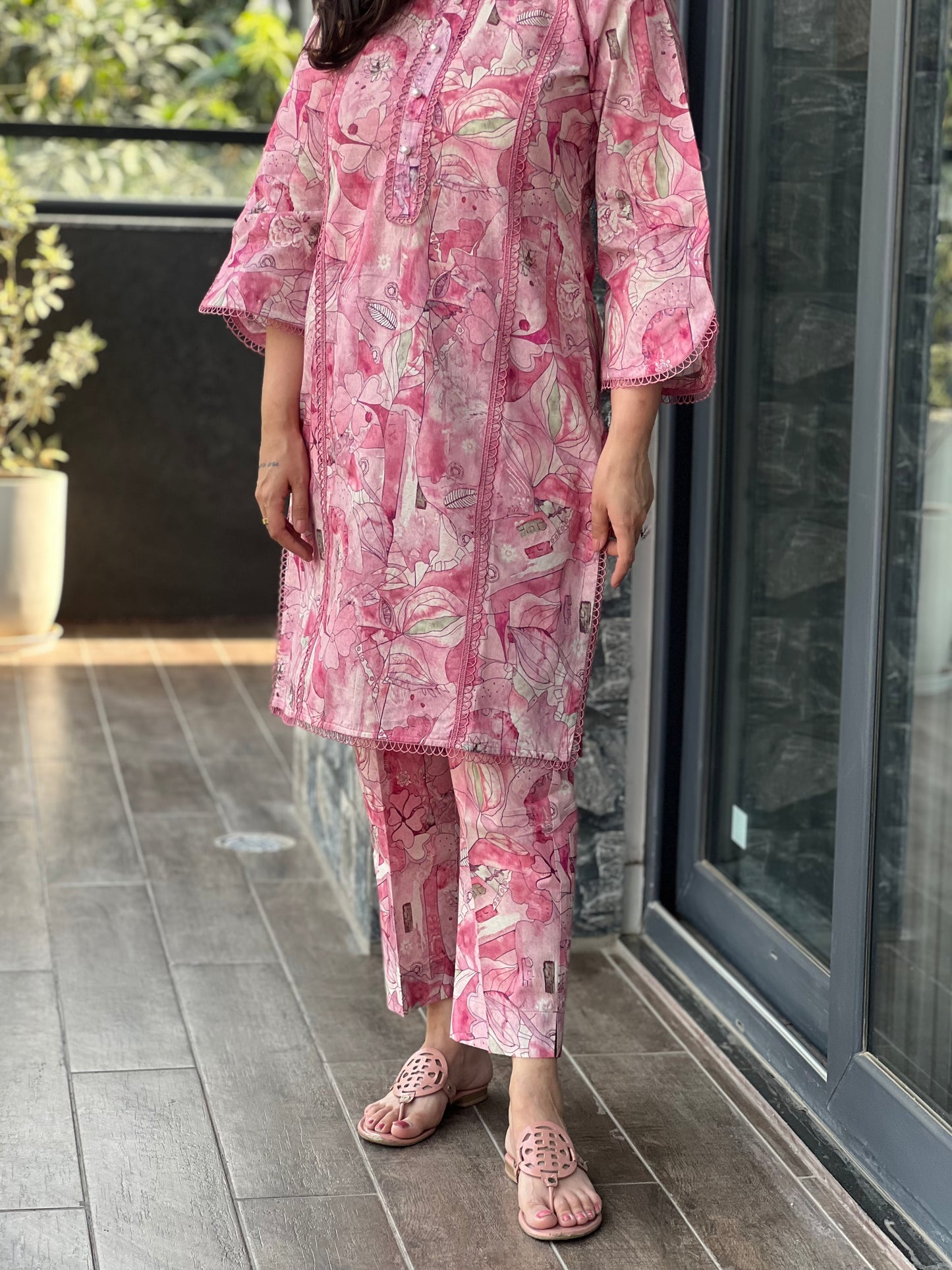 Cotton Muslin Pink  Floral Co-ord