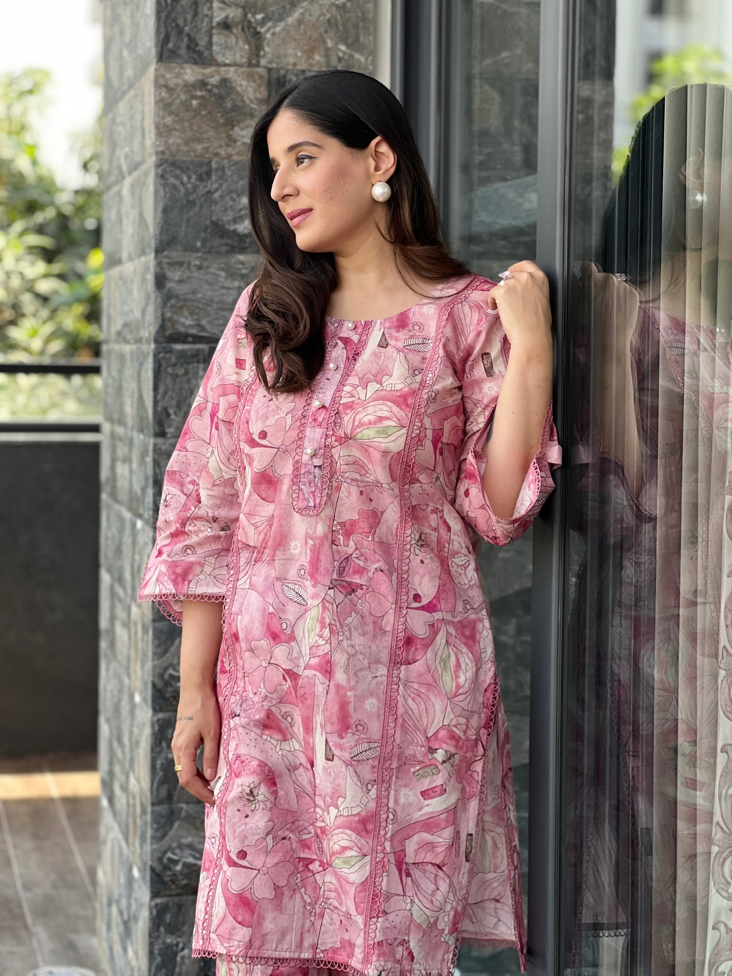 Cotton Muslin Pink  Floral Co-ord