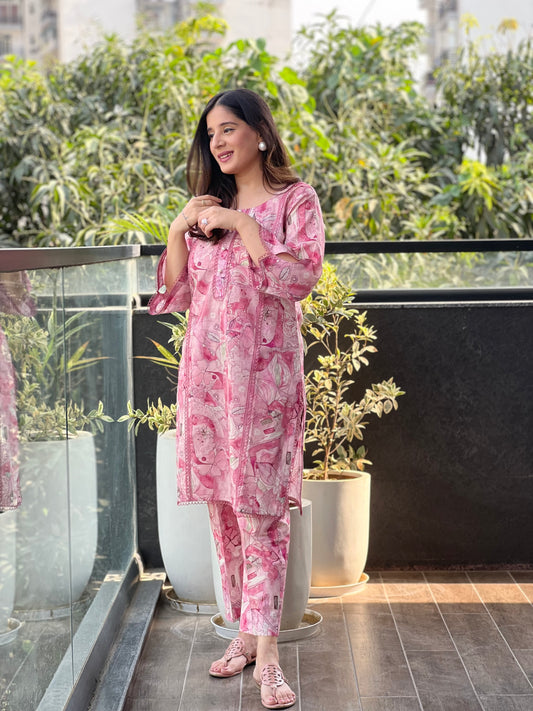 Cotton Muslin Pink  Floral Co-ord